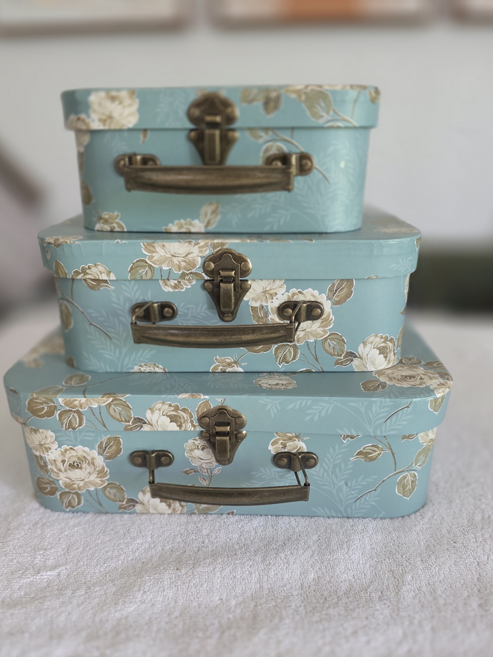 Vintage Floral Decorative Nesting Storage Boxes - Teal Blue Set